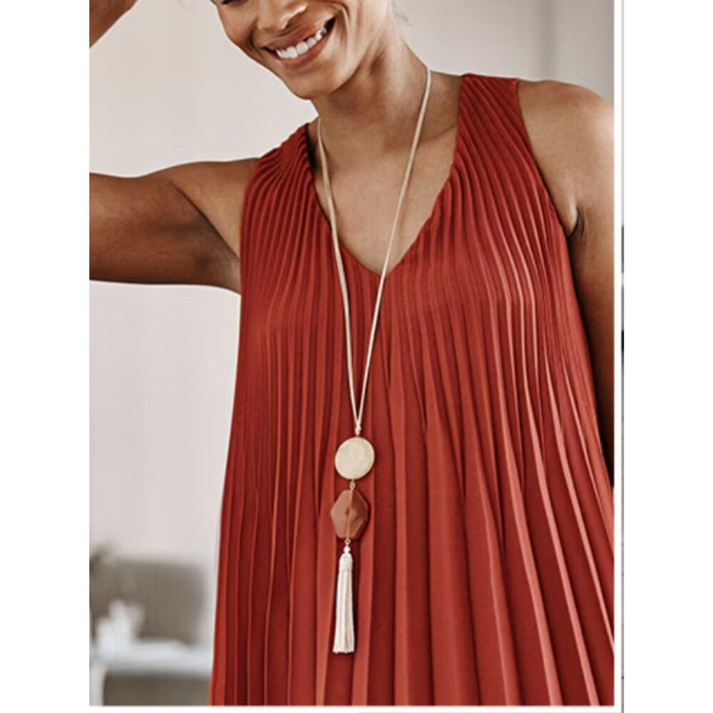 J. Jill women’s pleated V-Neck burnt orange rust Sleeveless Dress Brick Red SM - Picture 2 of 14
